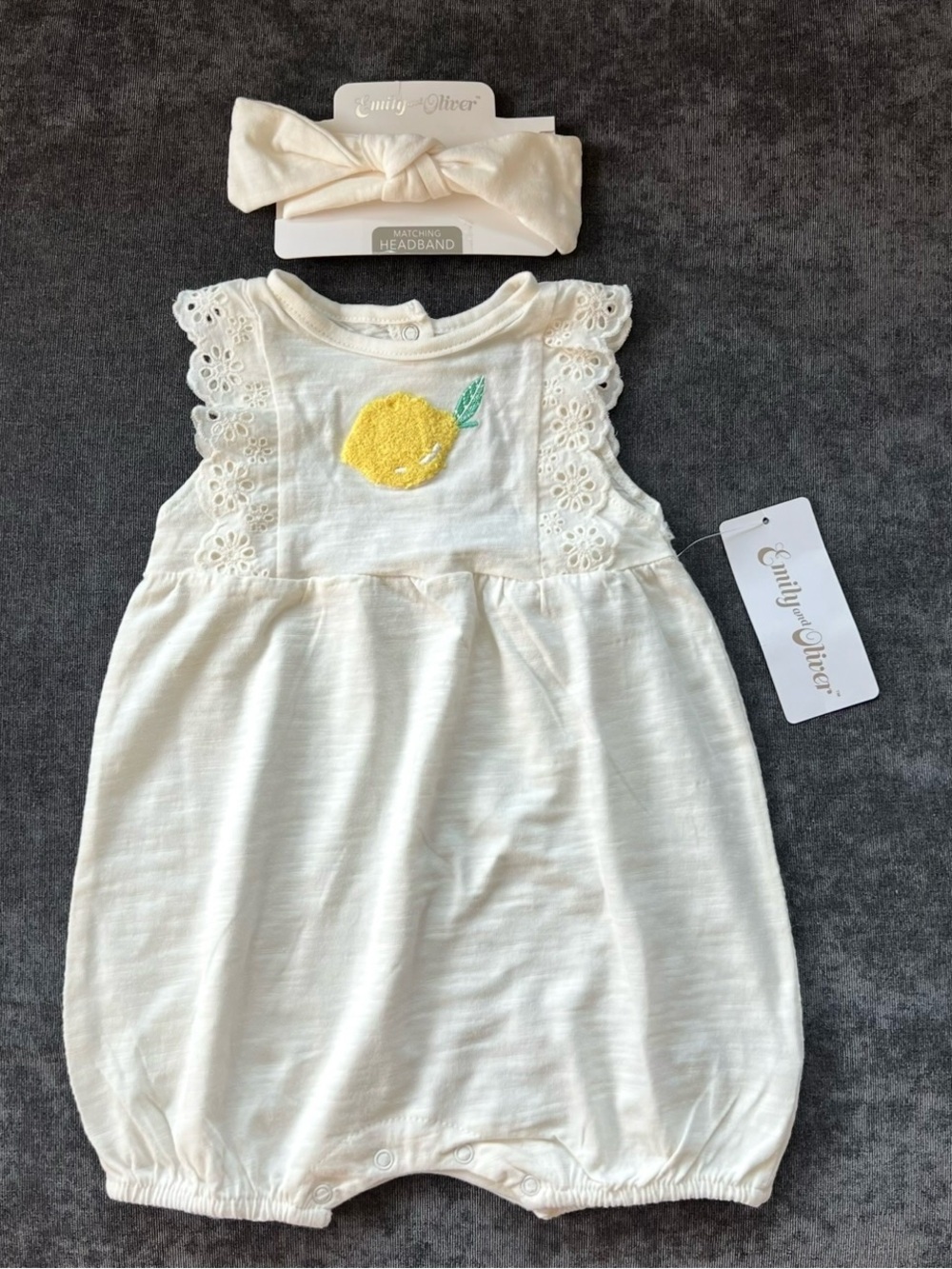 NWT Emily and Olive Lemon Romper and Headband Set Size 12 Months